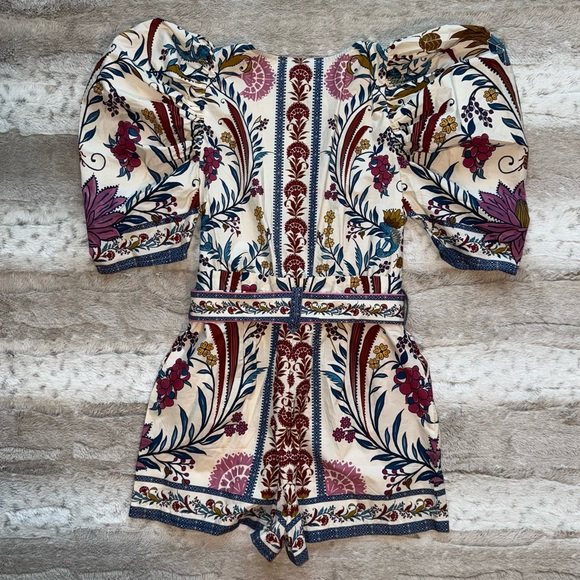 NWT FARM Rio Romantic Lightness Puff Short Sleeve Romper in Blue Pattern Size S - Picture 10 of 16